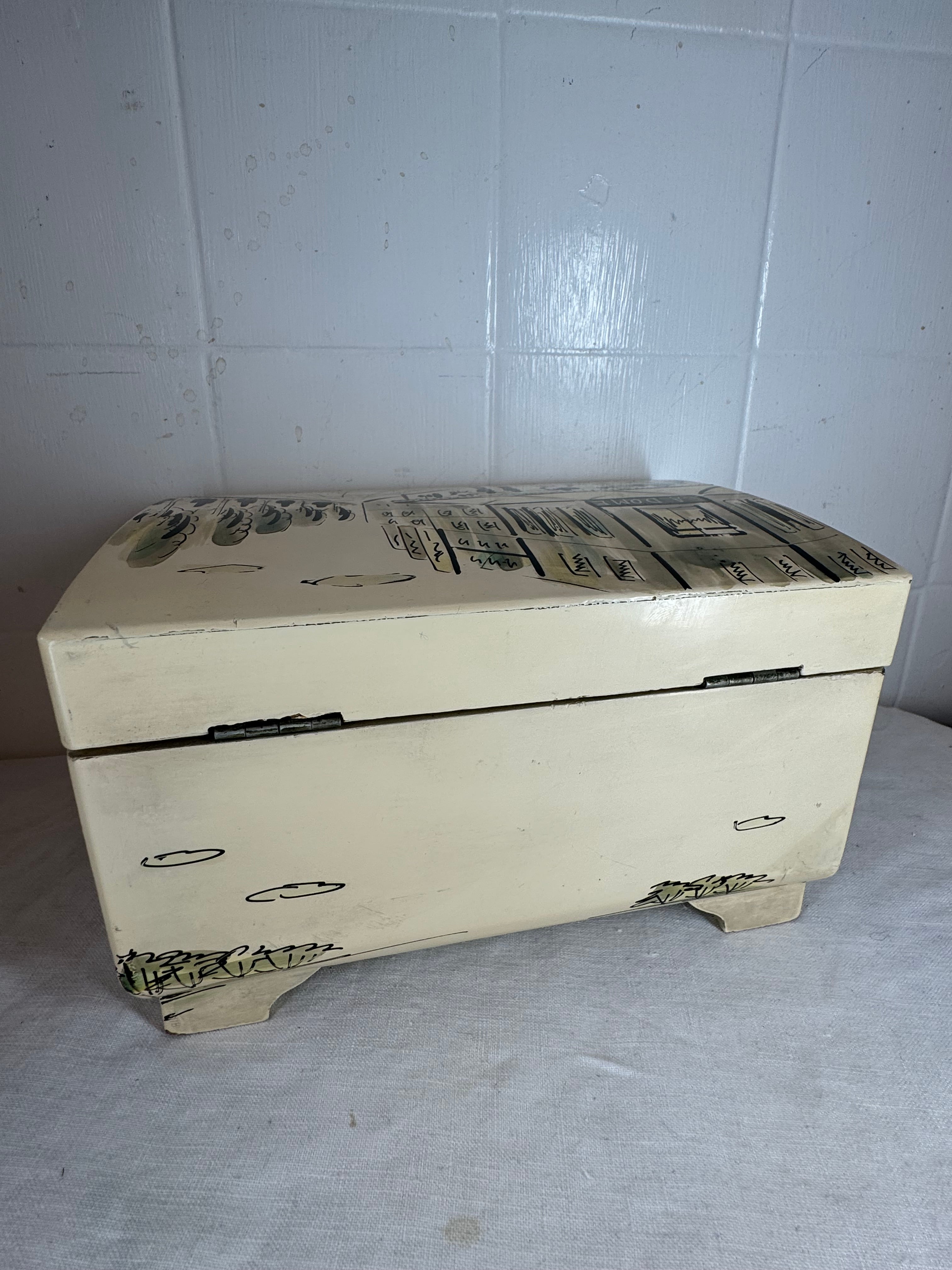 Vintage Japanese Musical jewellery box hand painted French Street scene on the front La Dome Cafe Montparnasse Paris