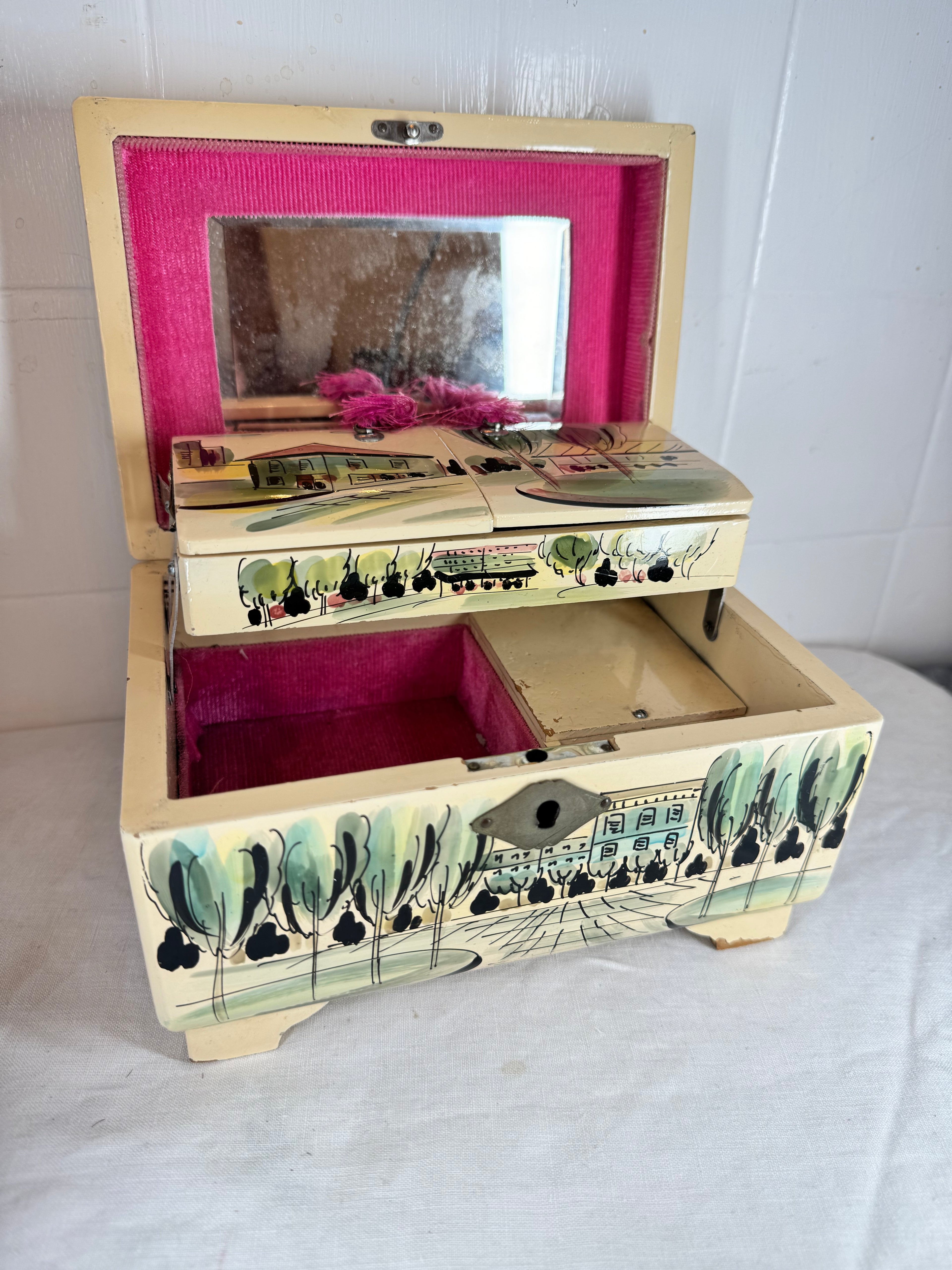 Vintage Japanese Musical jewellery box hand painted French Street scene on the front La Dome Cafe Montparnasse Paris
