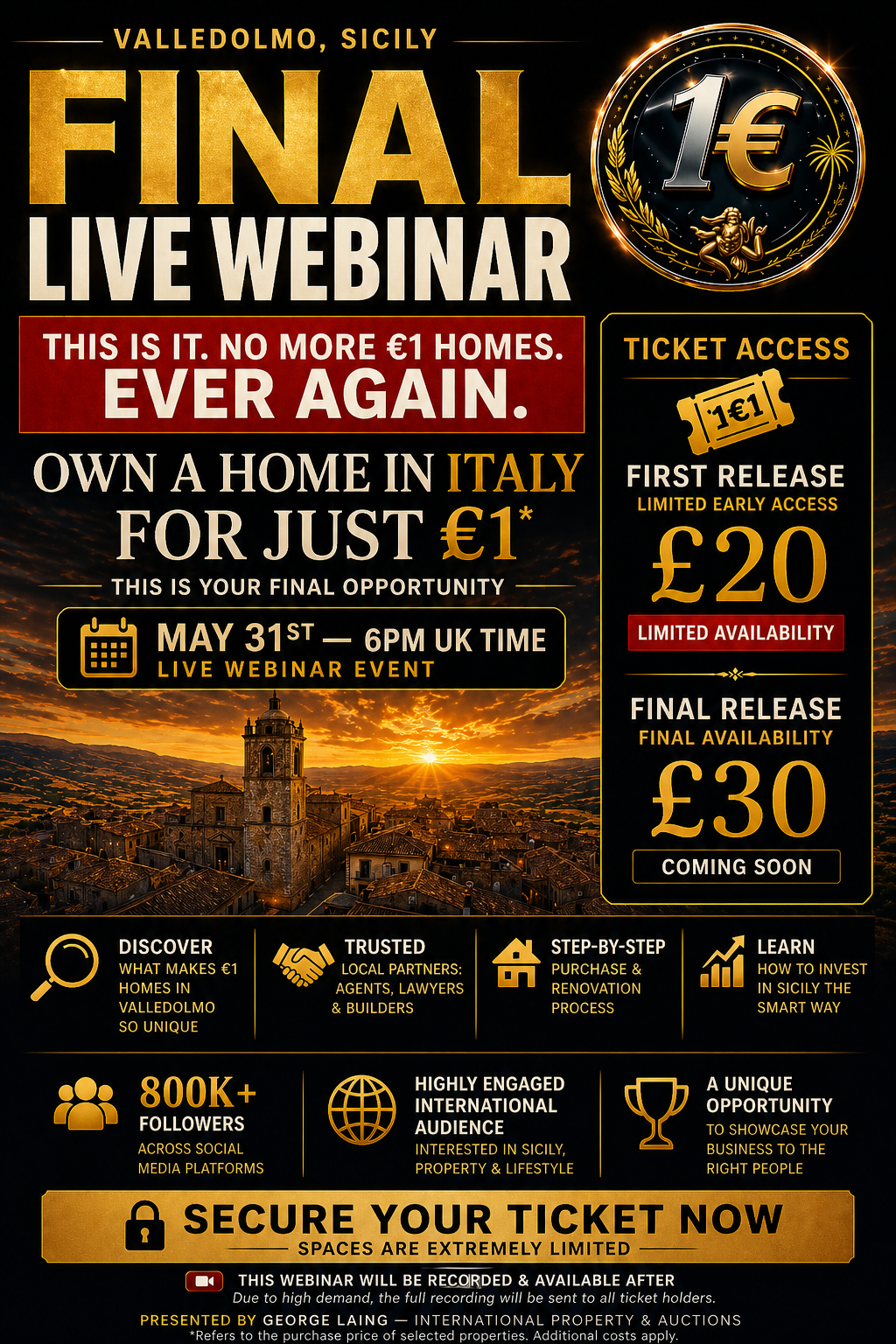 LIVE Webinar with George Laing (NEW 1€ Town: Valledolmo) How to buy a house for 1€ May 31st 6pm UK Time