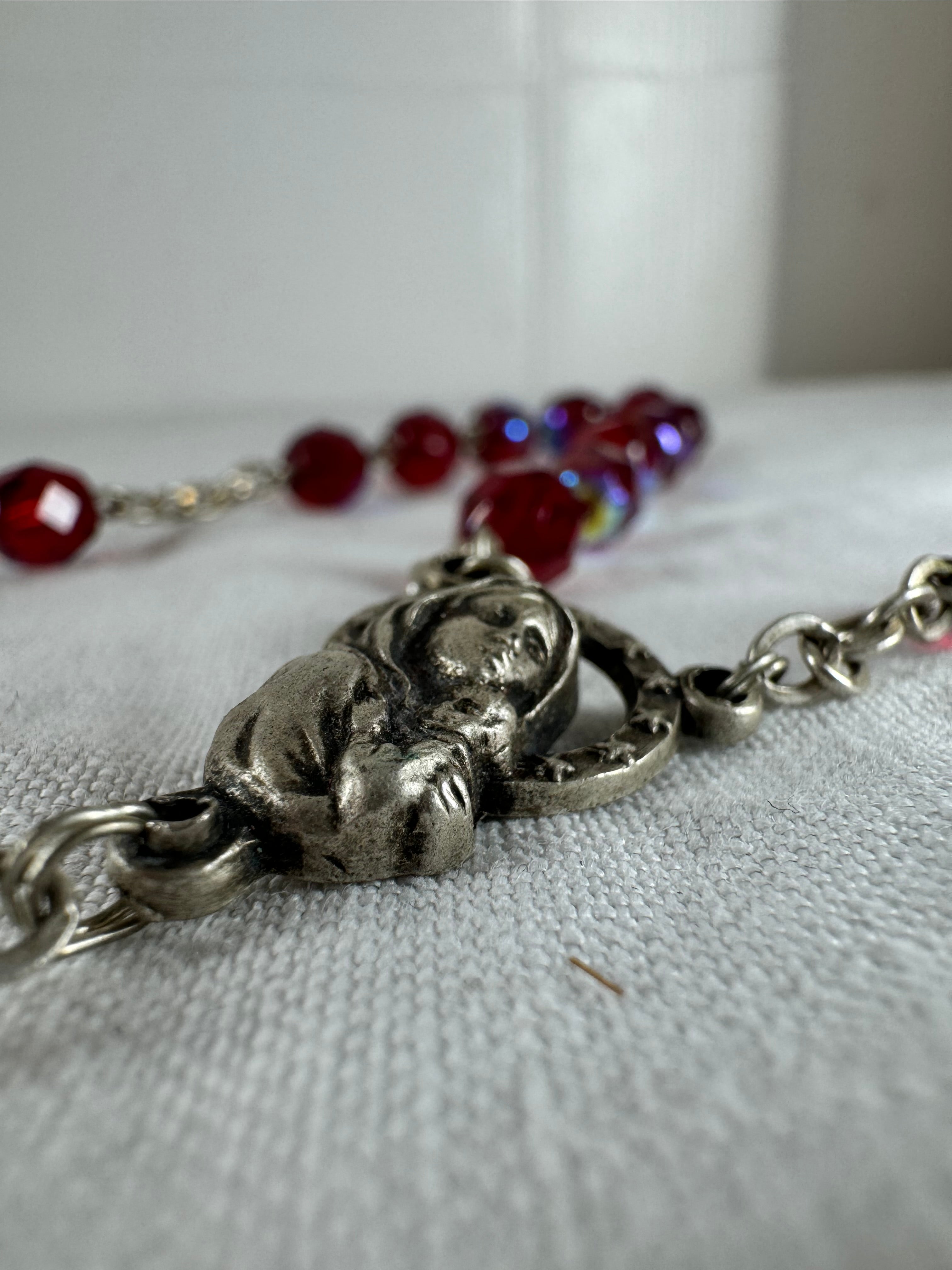 Vintage Italian beaded Catholic Crucifix St Mary Necklace (SICILY HOUSE)