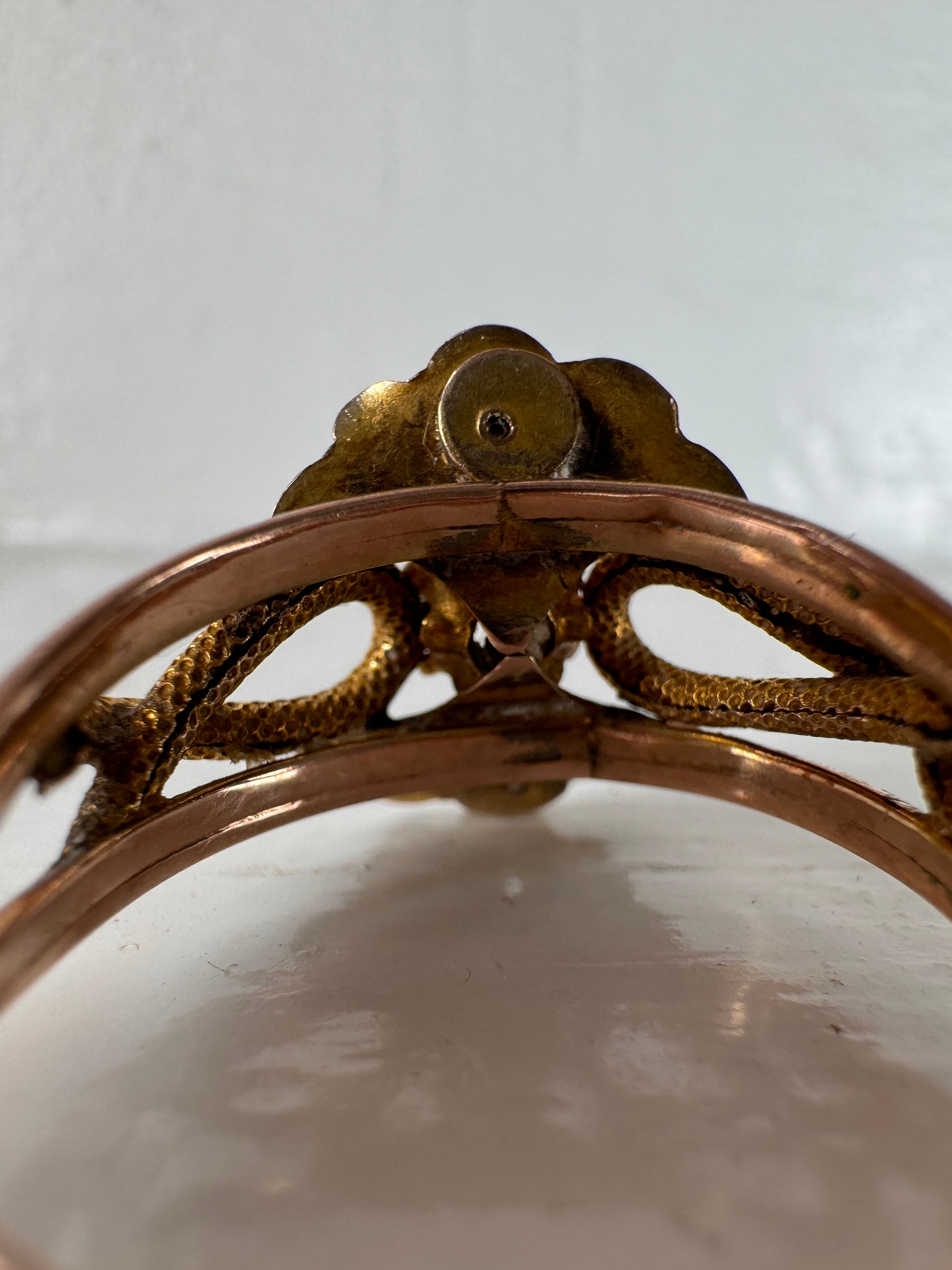 Vintage Italian Rose / Yellow Metal Pearl White Stone Ring