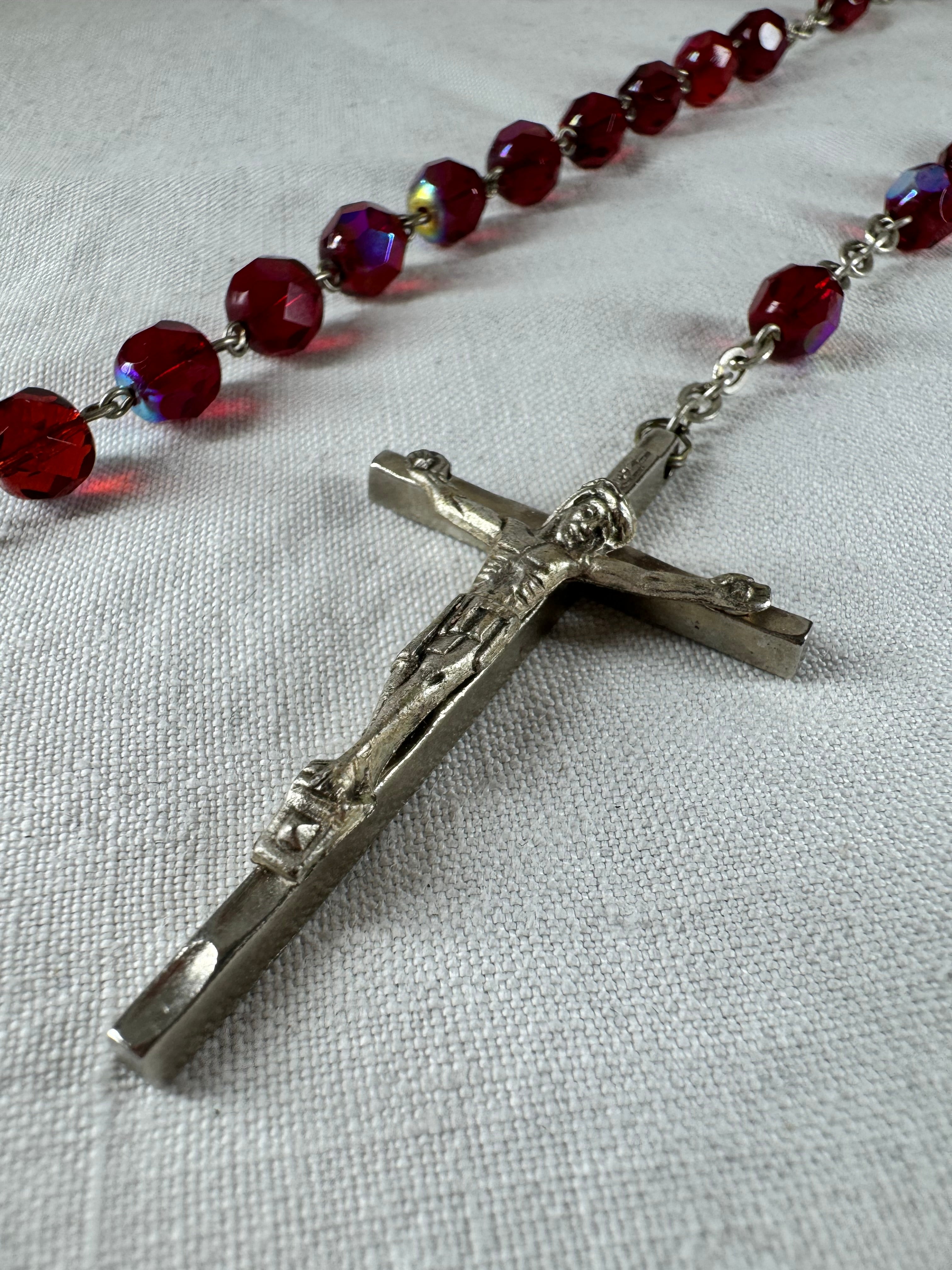 Vintage Italian beaded Catholic Crucifix St Mary Necklace (SICILY HOUSE)