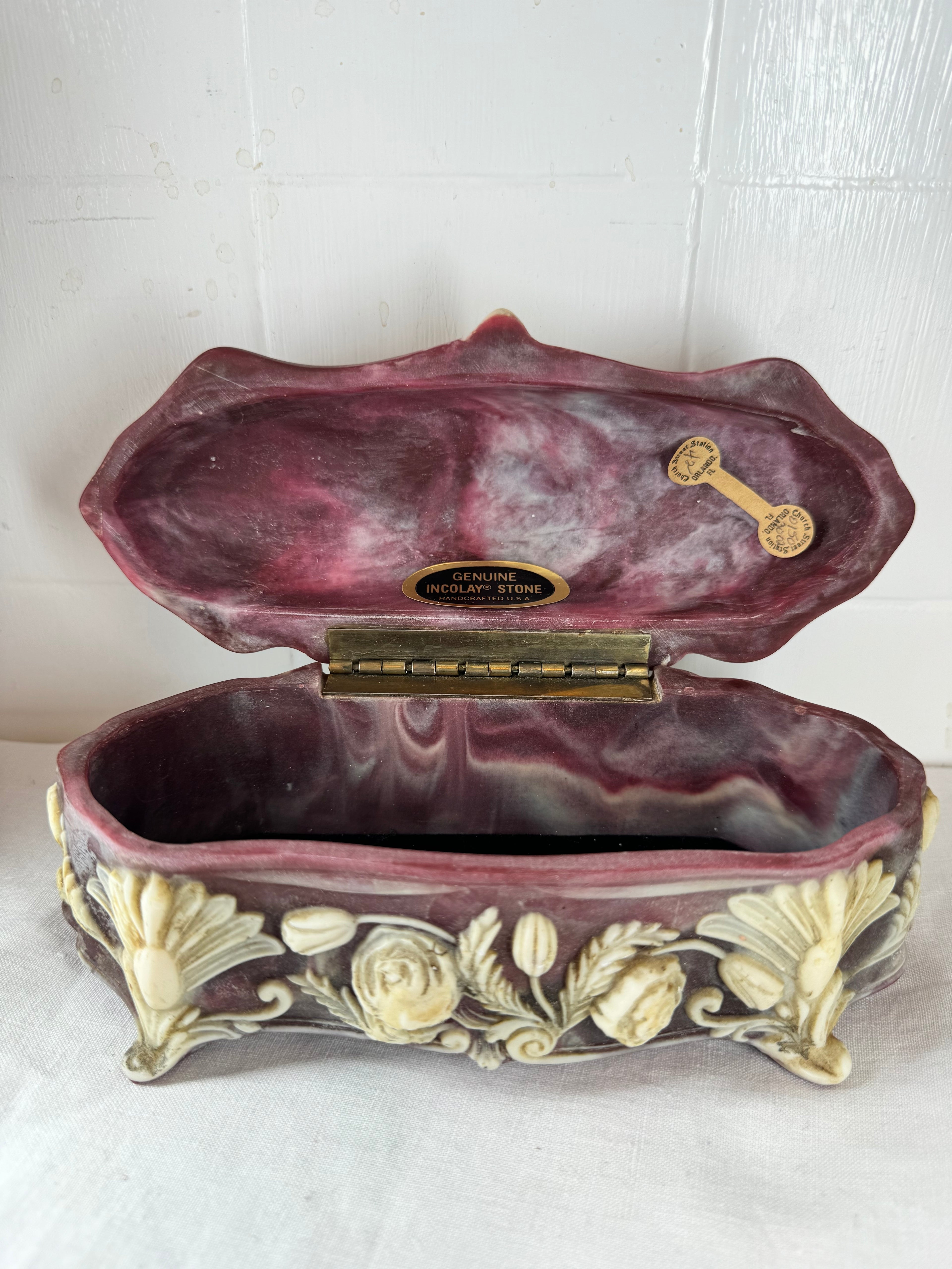 Vintage Incolay Stone Hand Carved Roses 7.5”x3.5” Hinged Jewellery Trinket Box