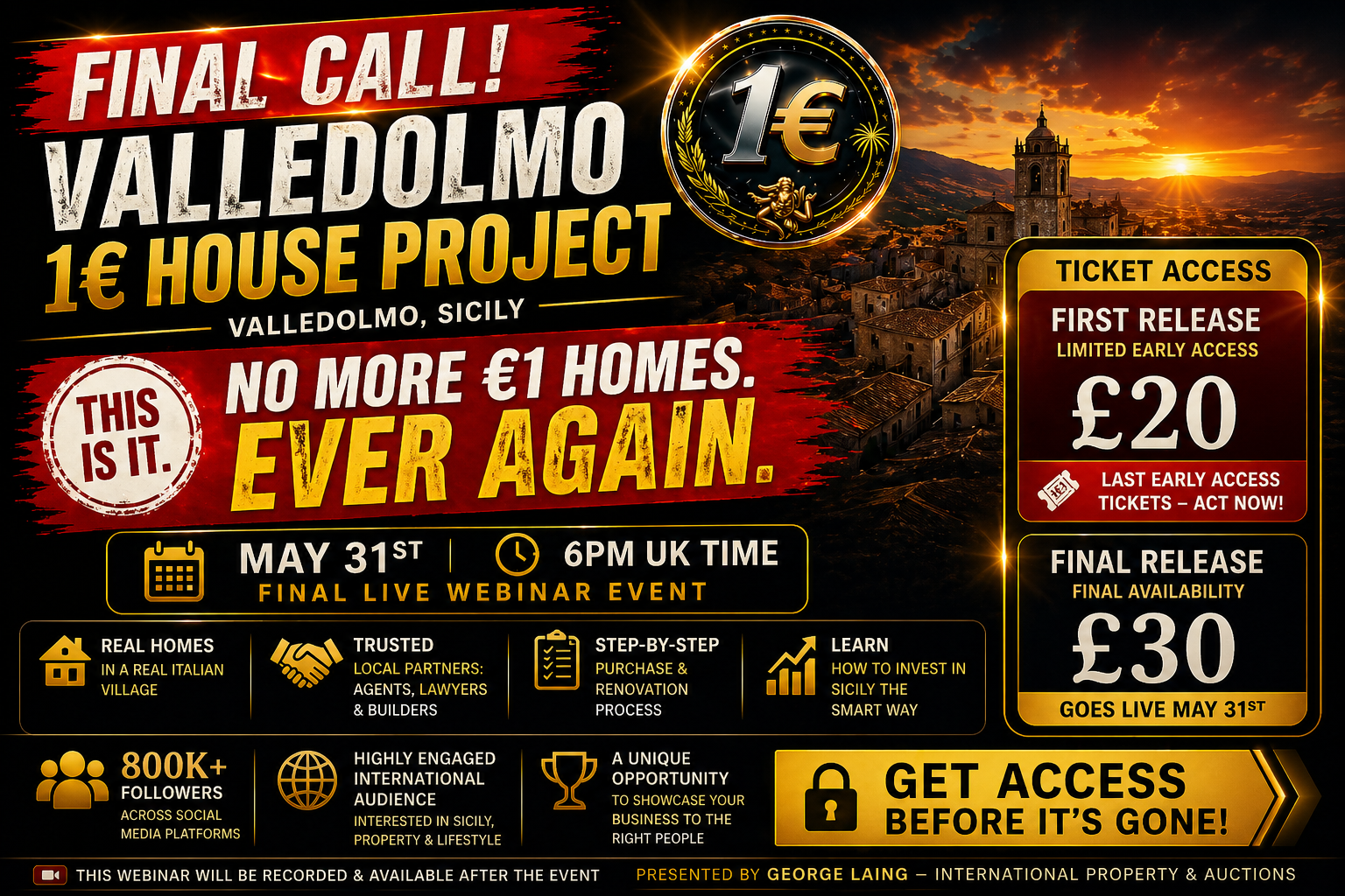 LIVE Webinar with George Laing (NEW 1€ Town: Valledolmo) How to buy a house for 1€ May 31st 6pm UK Time