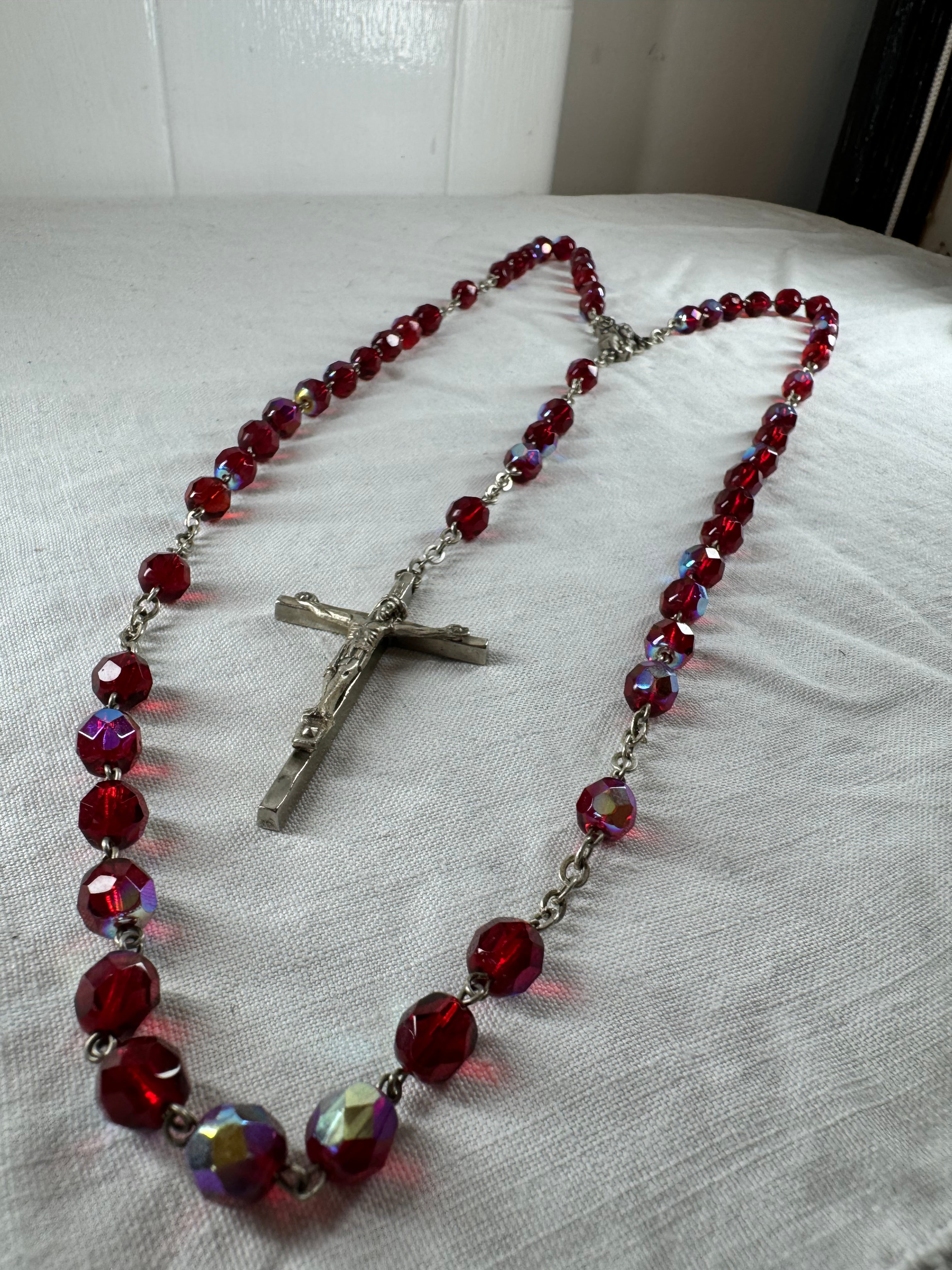 Vintage Italian beaded Catholic Crucifix St Mary Necklace (SICILY HOUSE)