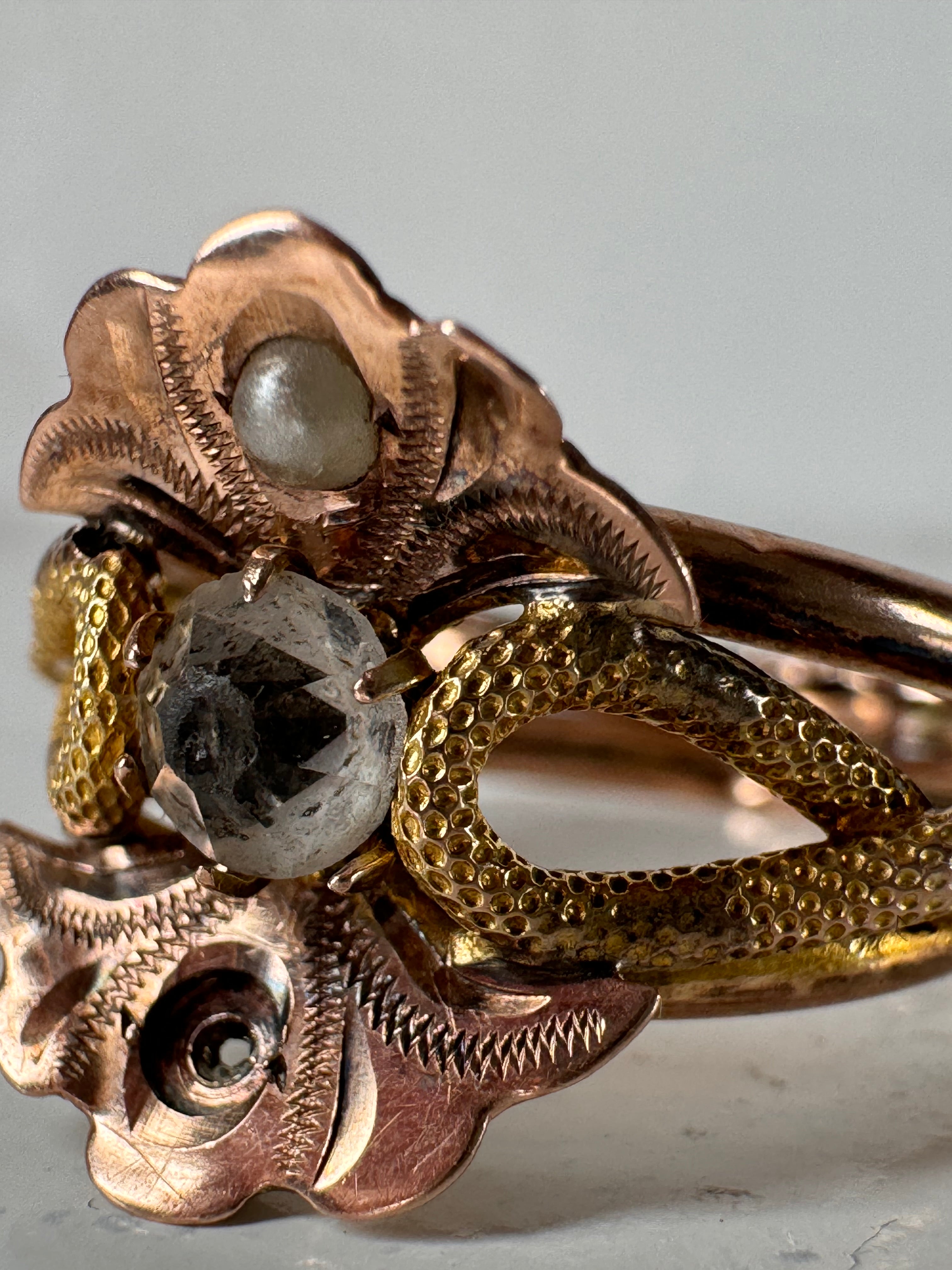Vintage Italian Rose / Yellow Metal Pearl White Stone Ring