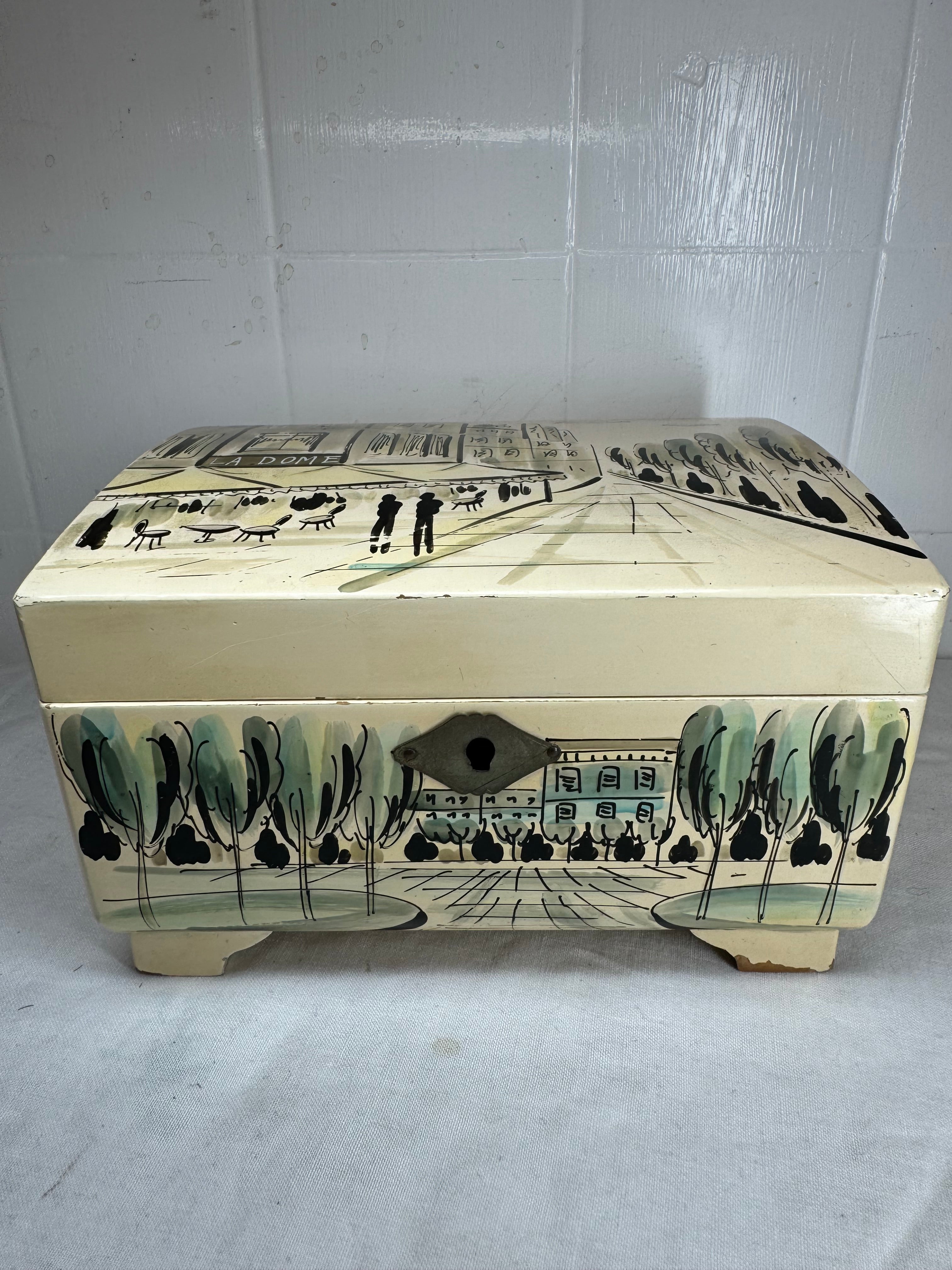 Vintage Japanese Musical jewellery box hand painted French Street scene on the front La Dome Cafe Montparnasse Paris
